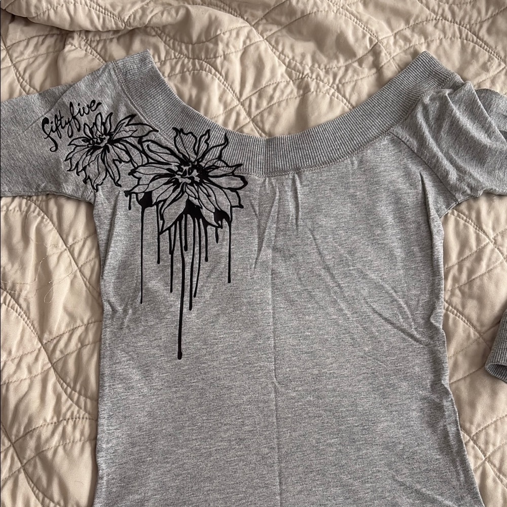 Vintage 55 DSL by Diesel Gray Off-Shoulder Top with 3D Floral Design on Back